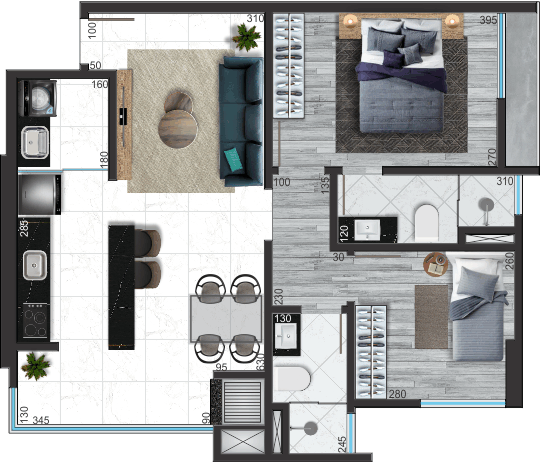 Suíte + 1 Dormitório - 65,00m²