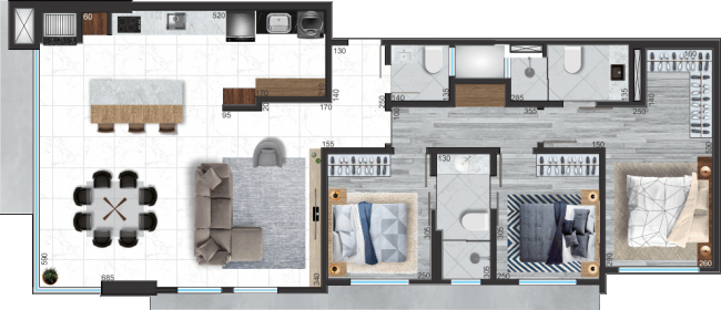 Suíte + 02 Demi Suítes - 105,00m²