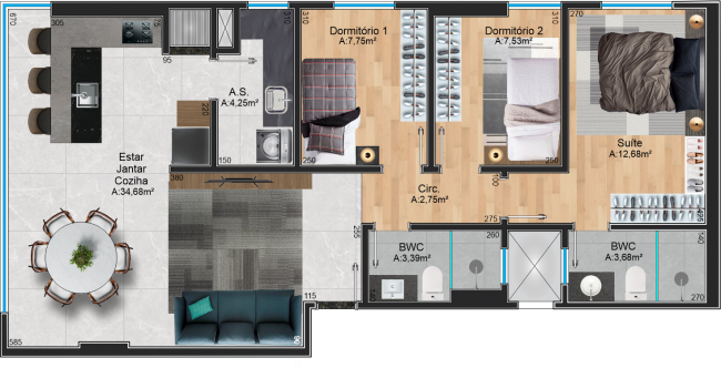 Suíte + 2 Dormitórios - 90,00m²