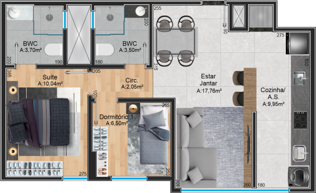 Suíte + 1 Dormitório - 63,00m²