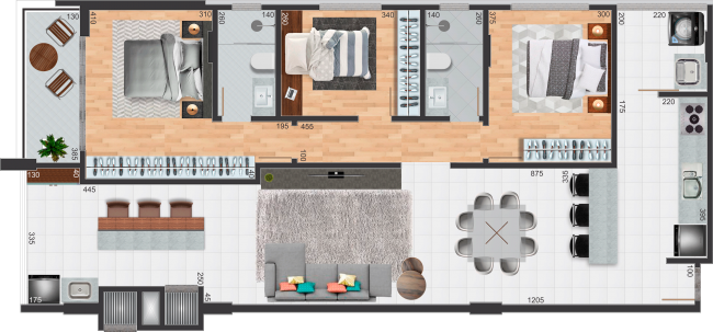 Suíte + 2 dormitórios - 128,00m²