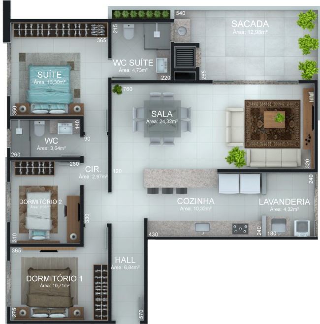 1 Suíte + 2 Dormitórios - 117,08m²